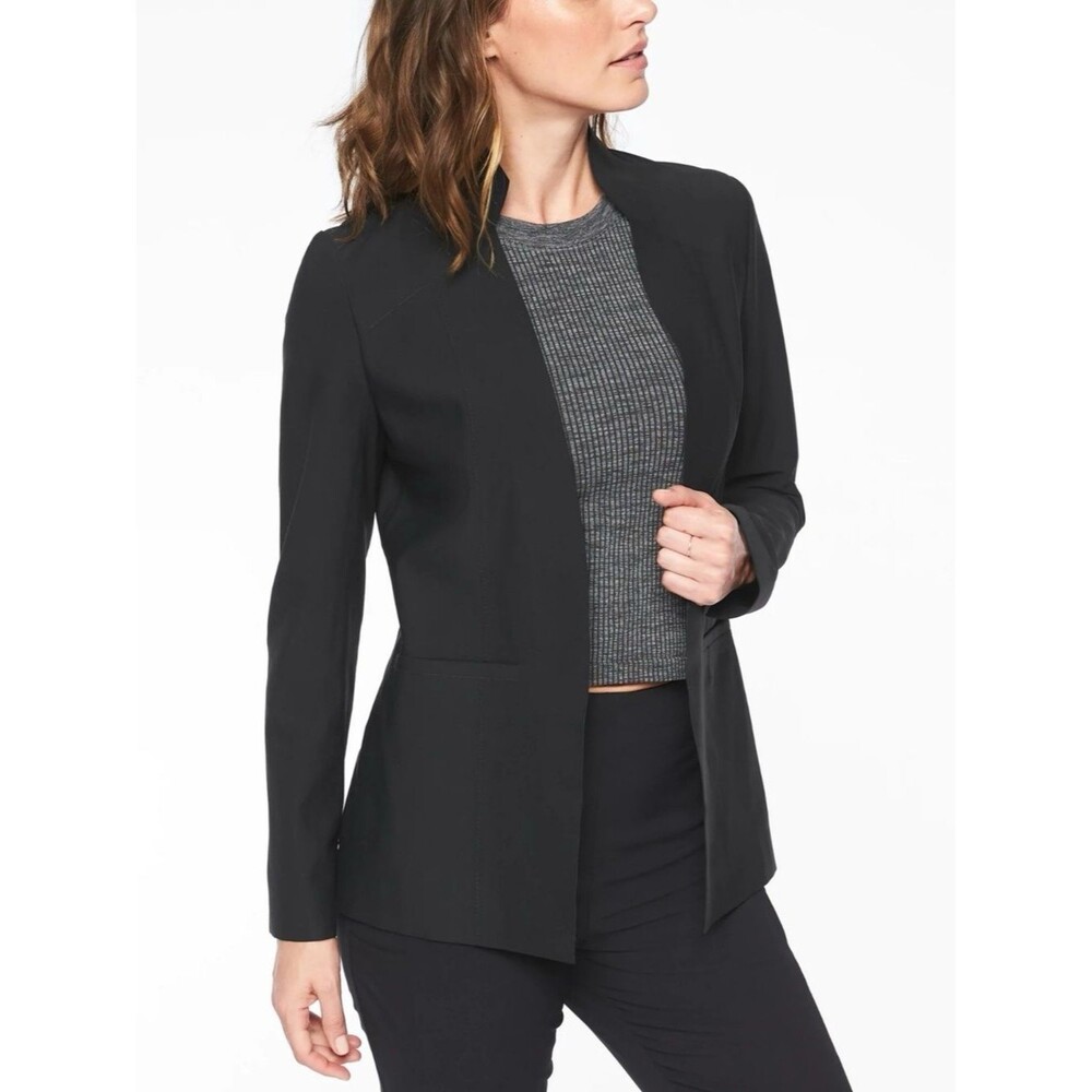 Athleta Black Open-Front Stand-Collar Scuba Blazer Sz 8 Minimal Chic Sleek Crisp